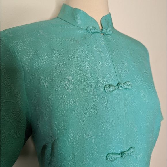 Vtg Lee Baron Jacquard Silk Cheongsam Qipao Bespoke Short Sleeve Skirt Set - Picture 2 of 12